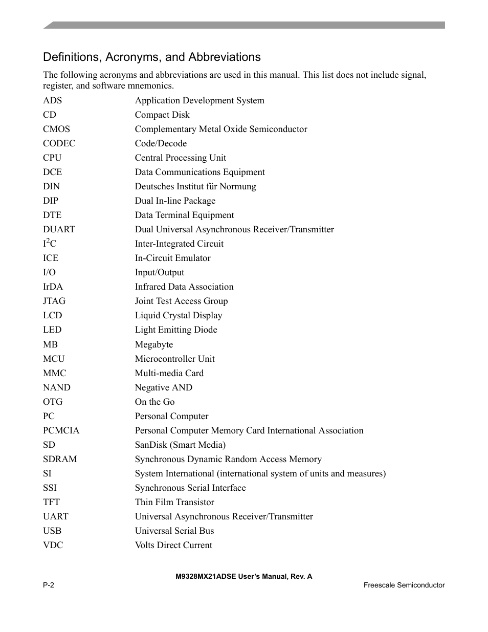 Definitions, acronyms, and abbreviations | Freescale Semiconductor M9328MX21ADSE User Manual | Page 6 / 64