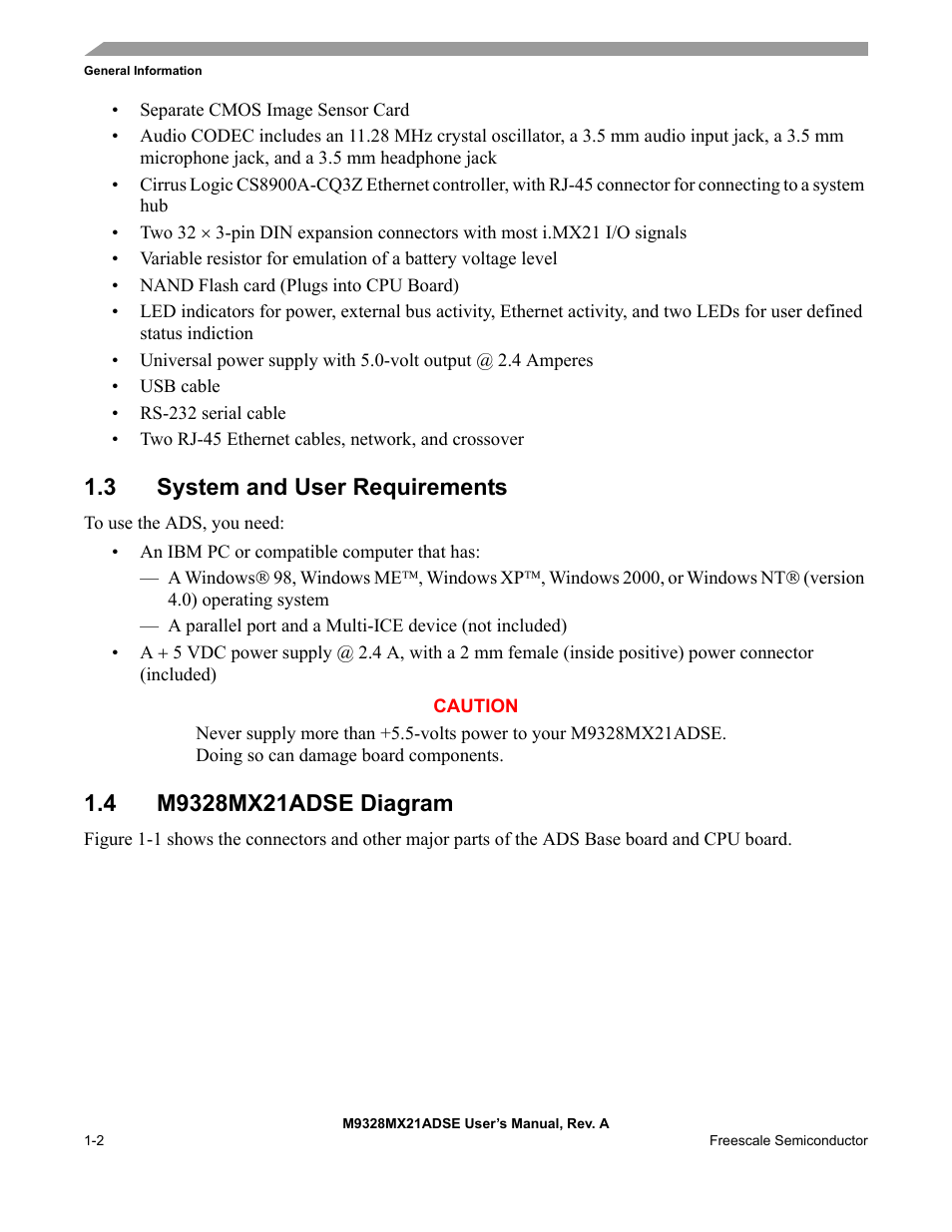 3 system and user requirements, 4 m9328mx21adse diagram, System and user requirements -2 | M9328mx21adse diagram -2 | Freescale Semiconductor M9328MX21ADSE User Manual | Page 8 / 64