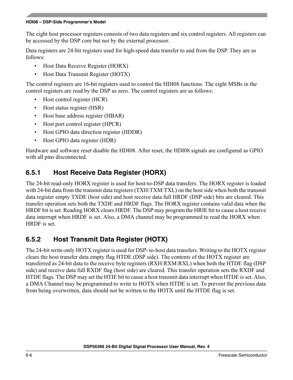 1 host receive data register (horx), 2 host transmit data register (hotx), Host receive data register (horx) -6 | Host transmit data register (hotx) -6 | Freescale Semiconductor DSP56366 User Manual | Page 100 / 366