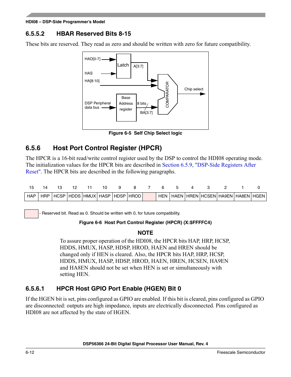 2 hbar reserved bits 8-15, 6 host port control register (hpcr), 1 hpcr host gpio port enable (hgen) bit 0 | Hbar reserved bits 8-15 -12, Host port control register (hpcr) -12, Hpcr host gpio port enable (hgen) bit 0 -12, Figure 6-5, Self chip select logic -12, Figure 6-6, Host port control register (hpcr) (x:$ffffc4) -12 | Freescale Semiconductor DSP56366 User Manual | Page 106 / 366