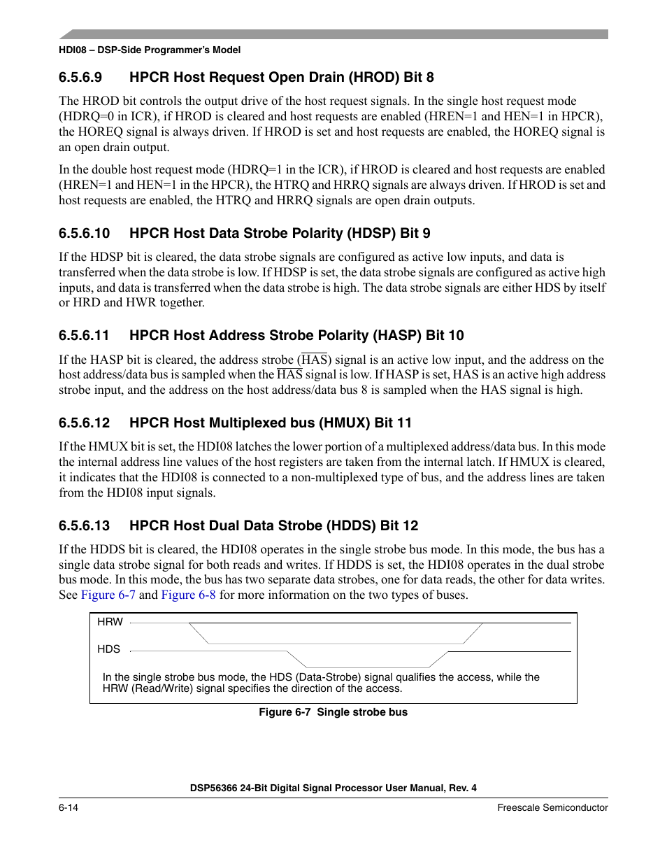 9 hpcr host request open drain (hrod) bit 8, 10 hpcr host data strobe polarity (hdsp) bit 9, 11 hpcr host address strobe polarity (hasp) bit 10 | 12 hpcr host multiplexed bus (hmux) bit 11, 13 hpcr host dual data strobe (hdds) bit 12, Hpcr host request open drain (hrod) bit 8 -14, Hpcr host data strobe polarity (hdsp) bit 9 -14, Hpcr host multiplexed bus (hmux) bit 11 -14, Hpcr host dual data strobe (hdds) bit 12 -14, Figure 6-7 | Freescale Semiconductor DSP56366 User Manual | Page 108 / 366