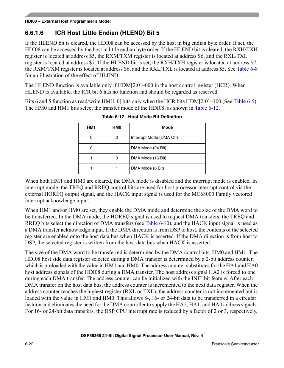 6 icr host little endian (hlend) bit 5, Icr host little endian (hlend) bit 5 -22, Table 6-12 | Host mode bit definition -22 | Freescale Semiconductor DSP56366 User Manual | Page 116 / 366