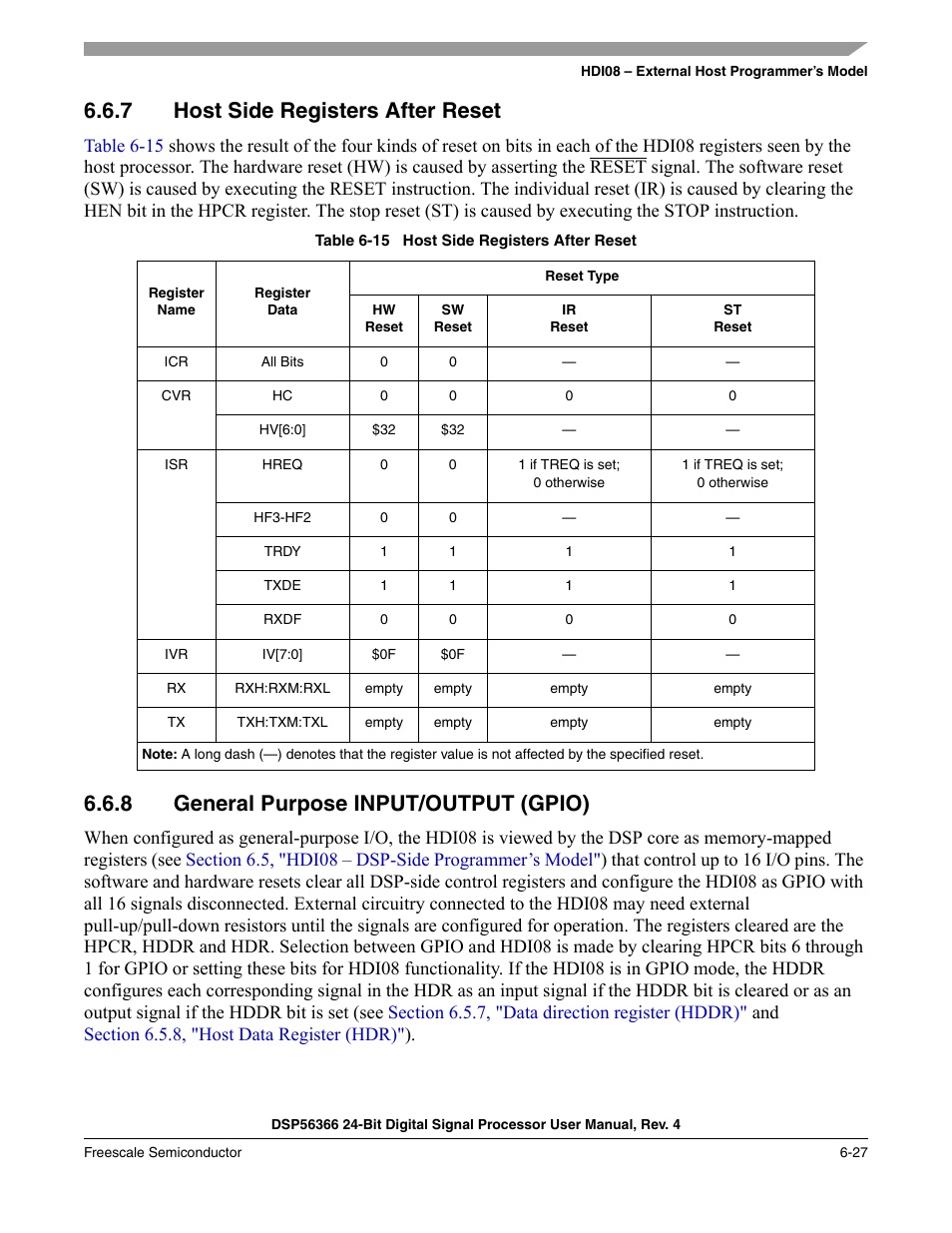 7 host side registers after reset, 8 general purpose input/output (gpio), Host side registers after reset -27 | General purpose input/output (gpio) -27, Table 6-15 | Freescale Semiconductor DSP56366 User Manual | Page 121 / 366