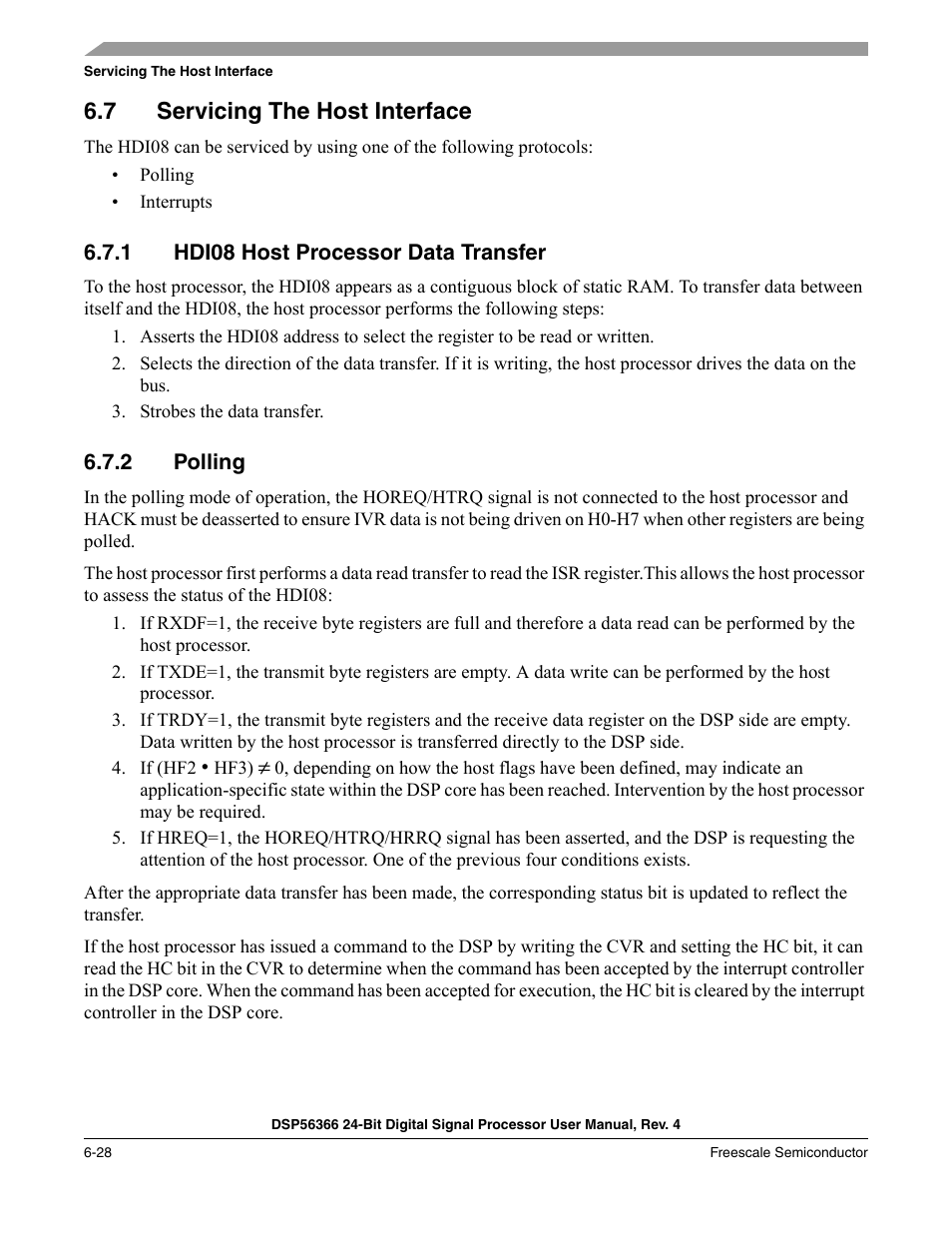 7 servicing the host interface, 1 hdi08 host processor data transfer, 2 polling | Servicing the host interface -28, Hdi08 host processor data transfer -28, Polling -28 | Freescale Semiconductor DSP56366 User Manual | Page 122 / 366