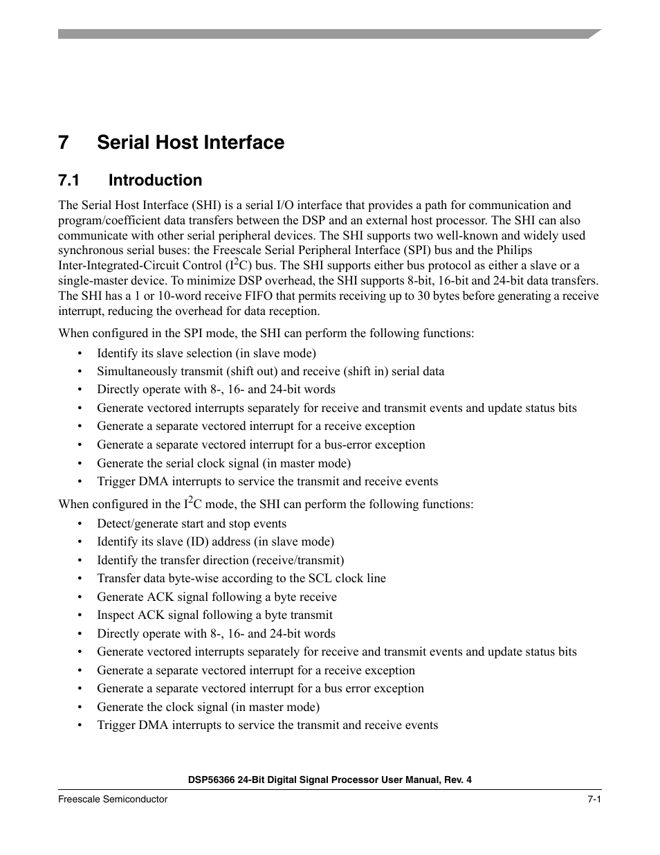 7 serial host interface, 1 introduction, Serial host interface -1 | Introduction -1, Section 7, "serial host interface, 7serial host interface | Freescale Semiconductor DSP56366 User Manual | Page 125 / 366