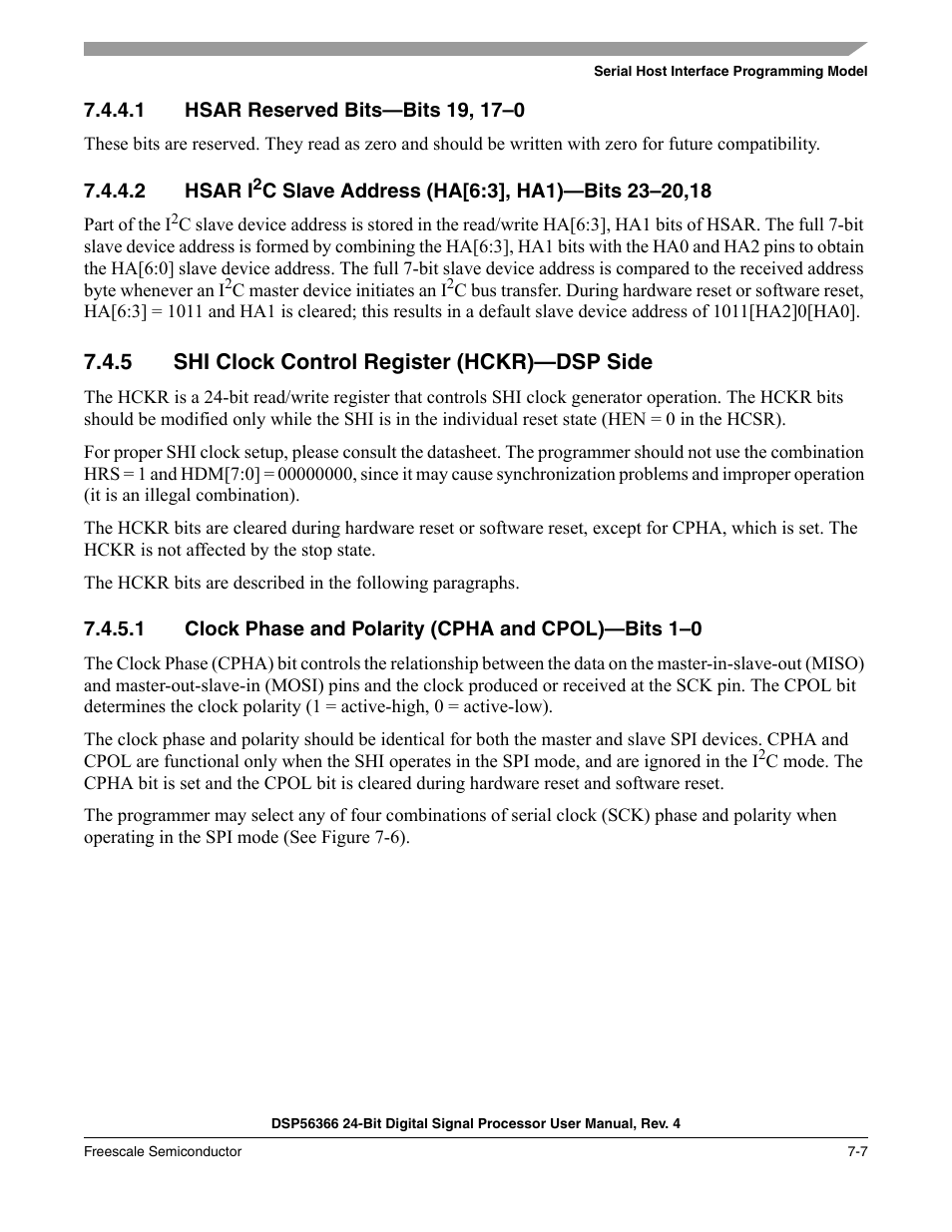 1 hsar reserved bits-bits 19, 17-0, 5 shi clock control register (hckr)-dsp side, Hsar reserved bits—bits 19, 17–0 -7 | Hsar i, Shi clock control register (hckr)—dsp side -7, 5 shi clock control register (hckr)—dsp side | Freescale Semiconductor DSP56366 User Manual | Page 131 / 366