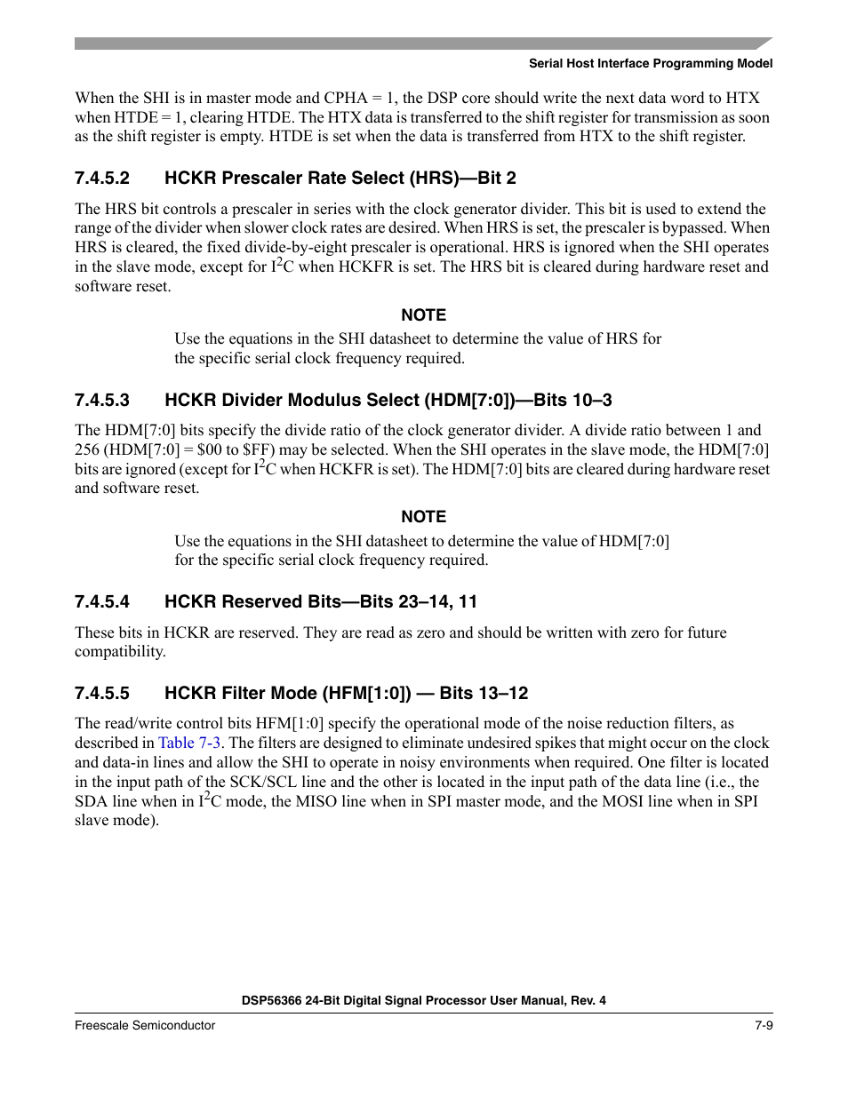 2 hckr prescaler rate select (hrs)-bit 2, 3 hckr divider modulus select (hdm[7:0])-bits 10-3, 4 hckr reserved bits-bits 23-14, 11 | 5 hckr filter mode (hfm[1:0]) - bits 13-12, Hckr prescaler rate select (hrs)—bit 2 -9, Hckr reserved bits—bits 23–14, 11 -9, Hckr filter mode (hfm[1:0]) — bits 13–12 -9 | Freescale Semiconductor DSP56366 User Manual | Page 133 / 366