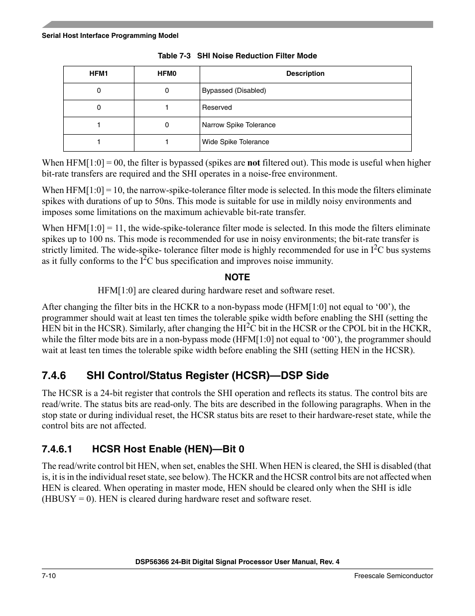 6 shi control/status register (hcsr)-dsp side, 1 hcsr host enable (hen)-bit 0, Shi control/status register (hcsr)—dsp side -10 | Hcsr host enable (hen)—bit 0 -10, Table 7-3, Shi noise reduction filter mode -10, For detailed, 6 shi control/status register (hcsr)—dsp side, 1 hcsr host enable (hen)—bit 0 | Freescale Semiconductor DSP56366 User Manual | Page 134 / 366