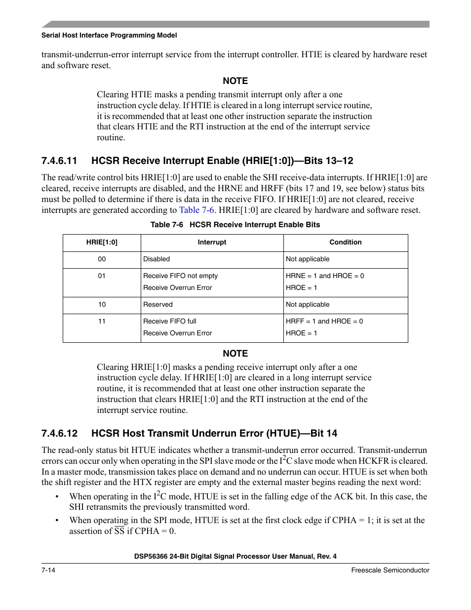 12 hcsr host transmit underrun error (htue)-bit 14, Table 7-6, Hcsr receive interrupt enable bits -14 | 12 hcsr host transmit underrun error (htue)—bit 14 | Freescale Semiconductor DSP56366 User Manual | Page 138 / 366