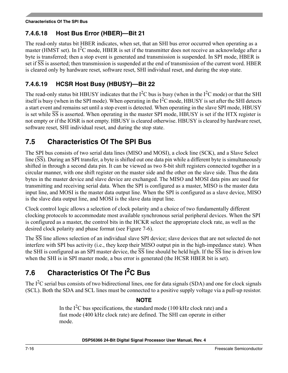 18 host bus error (hber)-bit 21, 19 hcsr host busy (hbusy)-bit 22, 5 characteristics of the spi bus | 6 characteristics of the i2c bus, Host bus error (hber)—bit 21 -16, Hcsr host busy (hbusy)—bit 22 -16, Characteristics of the spi bus -16, Characteristics of the i, 6 characteristics of the i, C bus | Freescale Semiconductor DSP56366 User Manual | Page 140 / 366