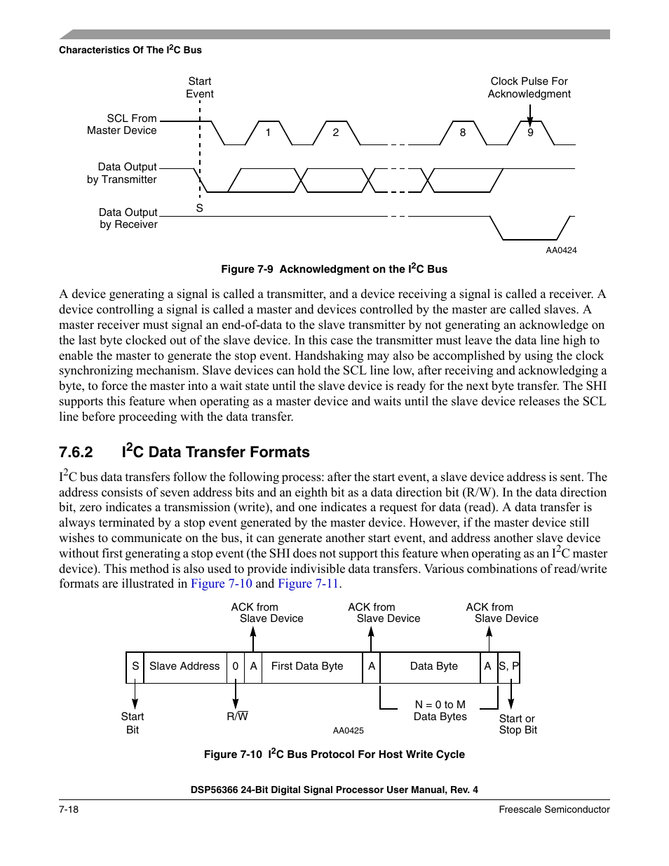 2 i2c data transfer formats, Figure 7-9, Acknowledgment on the i | Figure 7-10, C data transfer formats | Freescale Semiconductor DSP56366 User Manual | Page 142 / 366