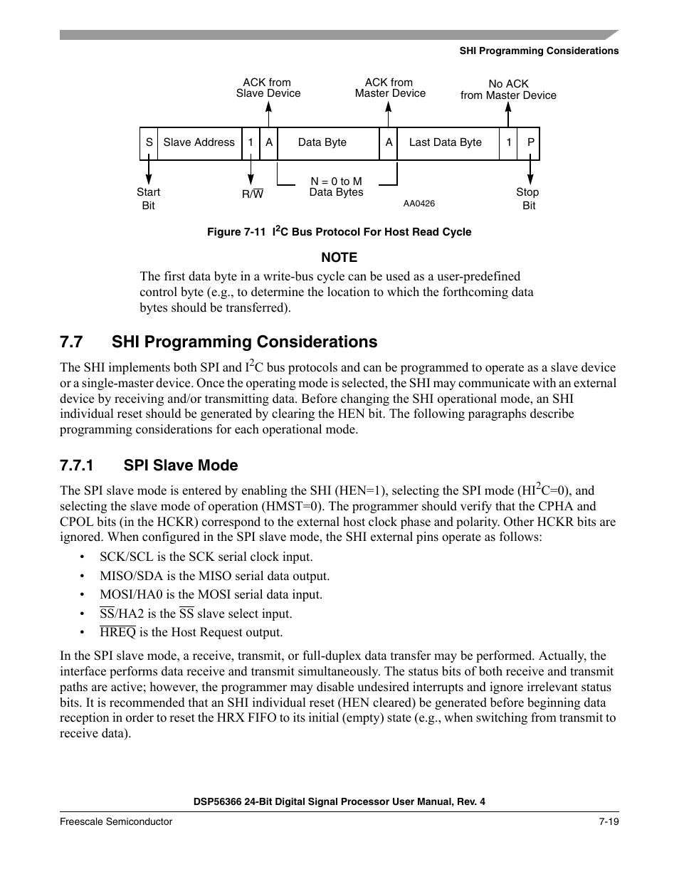 7 shi programming considerations, 1 spi slave mode, Shi programming considerations -19 | Spi slave mode -19, Figure 7-11 | Freescale Semiconductor DSP56366 User Manual | Page 143 / 366