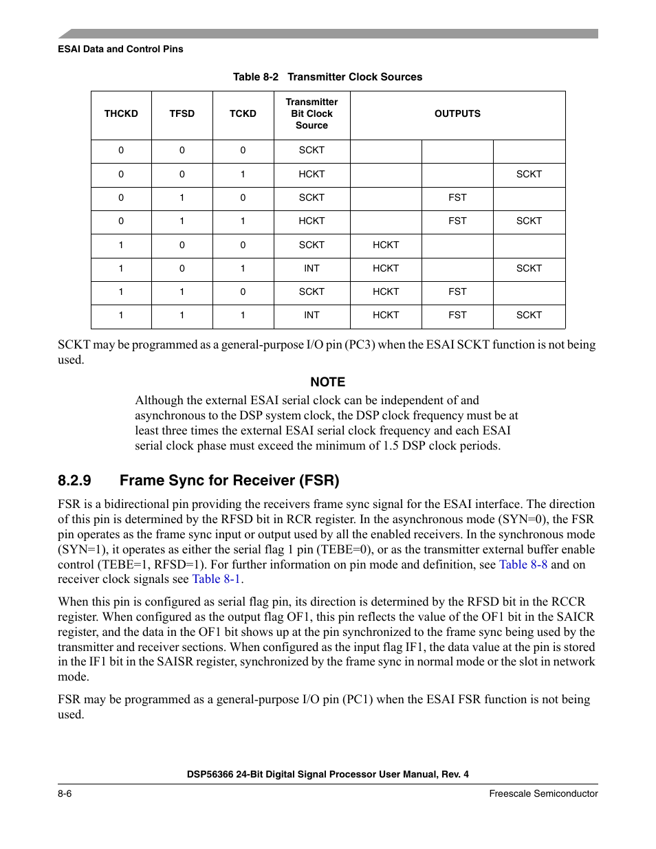 9 frame sync for receiver (fsr), Frame sync for receiver (fsr) -6, Table 8-2 | Transmitter clock sources -6 | Freescale Semiconductor DSP56366 User Manual | Page 156 / 366