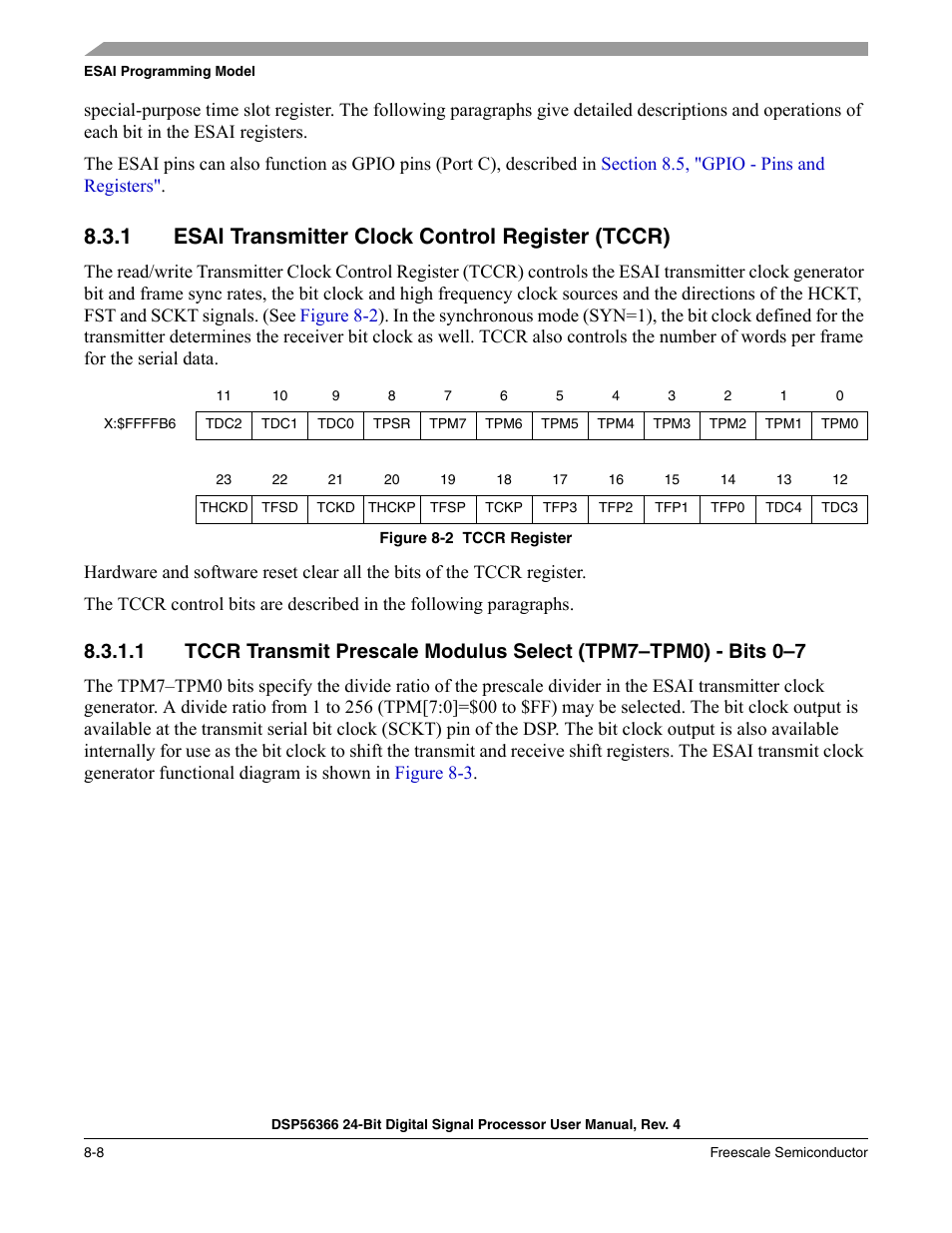 1 esai transmitter clock control register (tccr), Esai transmitter clock control register (tccr) -8, Figure 8-2 | Tccr register -8 | Freescale Semiconductor DSP56366 User Manual | Page 158 / 366