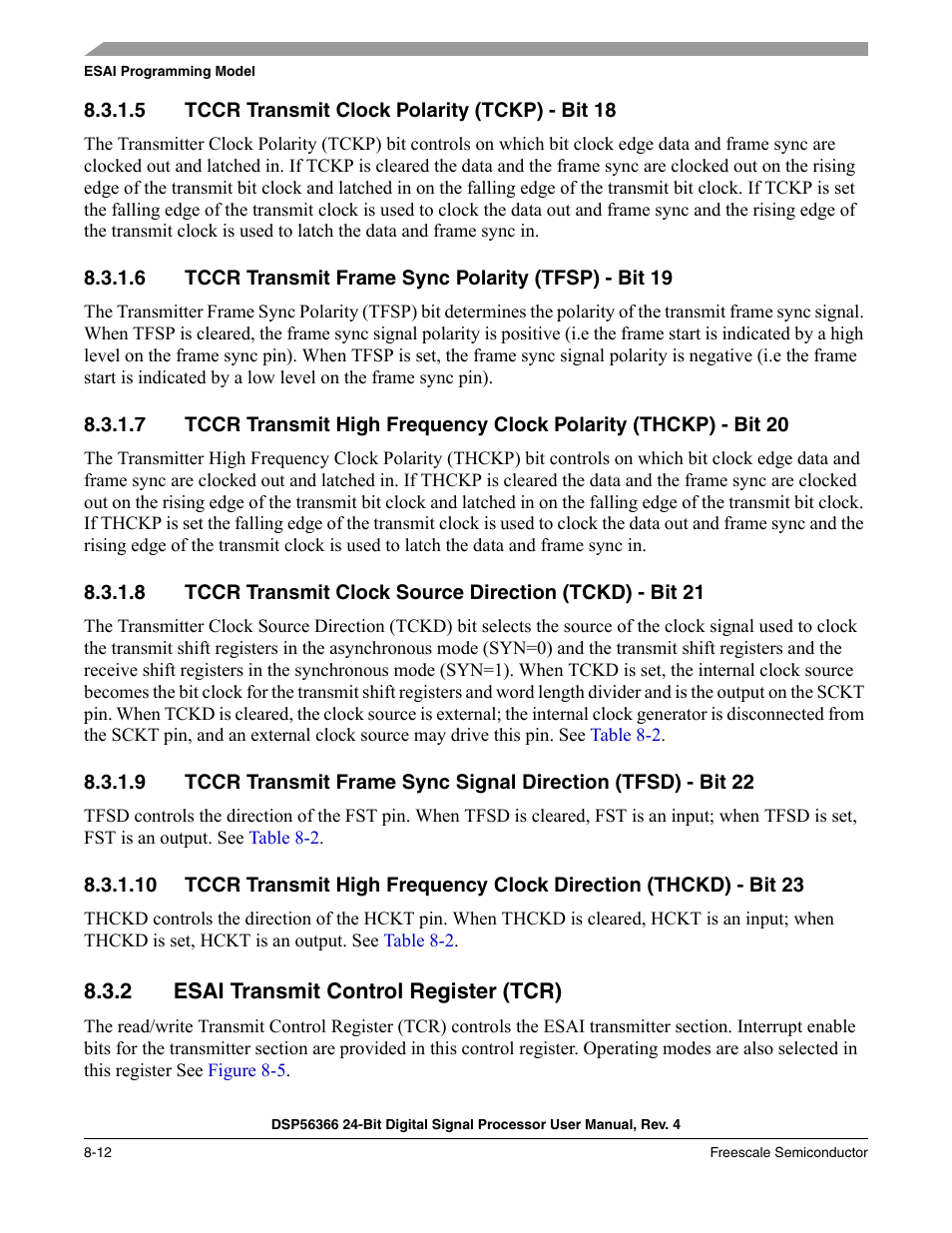 5 tccr transmit clock polarity (tckp) - bit 18, 2 esai transmit control register (tcr), Tccr transmit clock polarity (tckp) - bit 18 -12 | Esai transmit control register (tcr) -12 | Freescale Semiconductor DSP56366 User Manual | Page 162 / 366