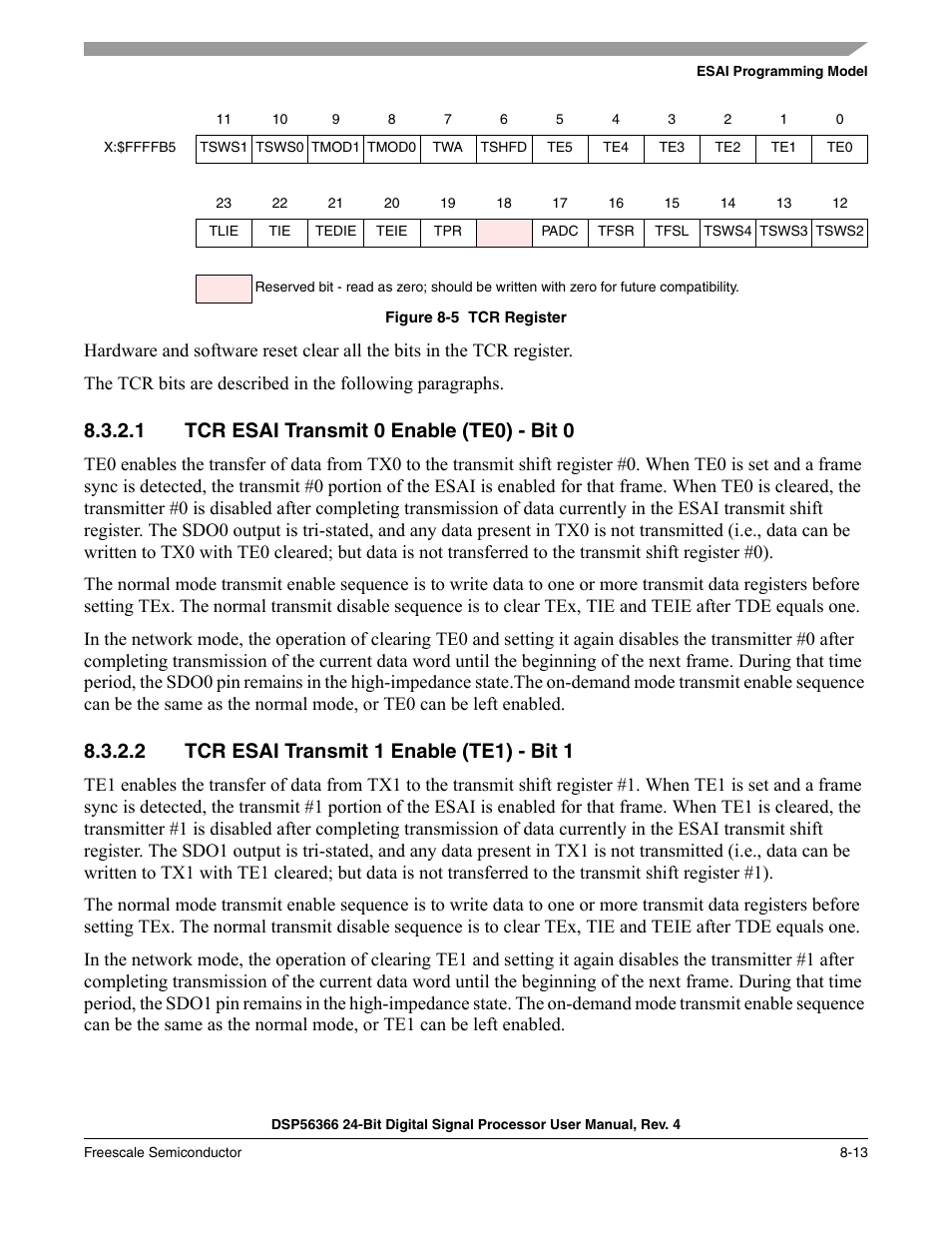 1 tcr esai transmit 0 enable (te0) - bit 0, 2 tcr esai transmit 1 enable (te1) - bit 1, Tcr esai transmit 0 enable (te0) - bit 0 -13 | Tcr esai transmit 1 enable (te1) - bit 1 -13, Figure 8-5, Tcr register -13, This register see | Freescale Semiconductor DSP56366 User Manual | Page 163 / 366