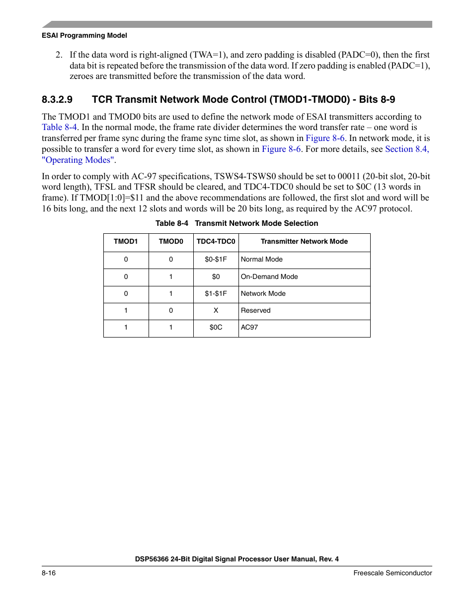Table 8-4, Transmit network mode selection -16 | Freescale Semiconductor DSP56366 User Manual | Page 166 / 366