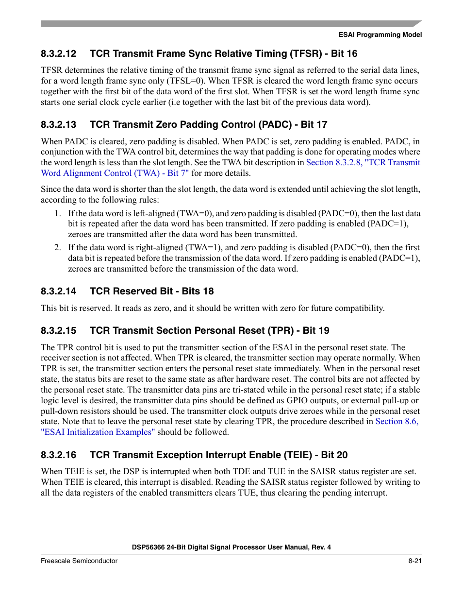 14 tcr reserved bit - bits 18, Tcr reserved bit - bits 18 -21 | Freescale Semiconductor DSP56366 User Manual | Page 171 / 366