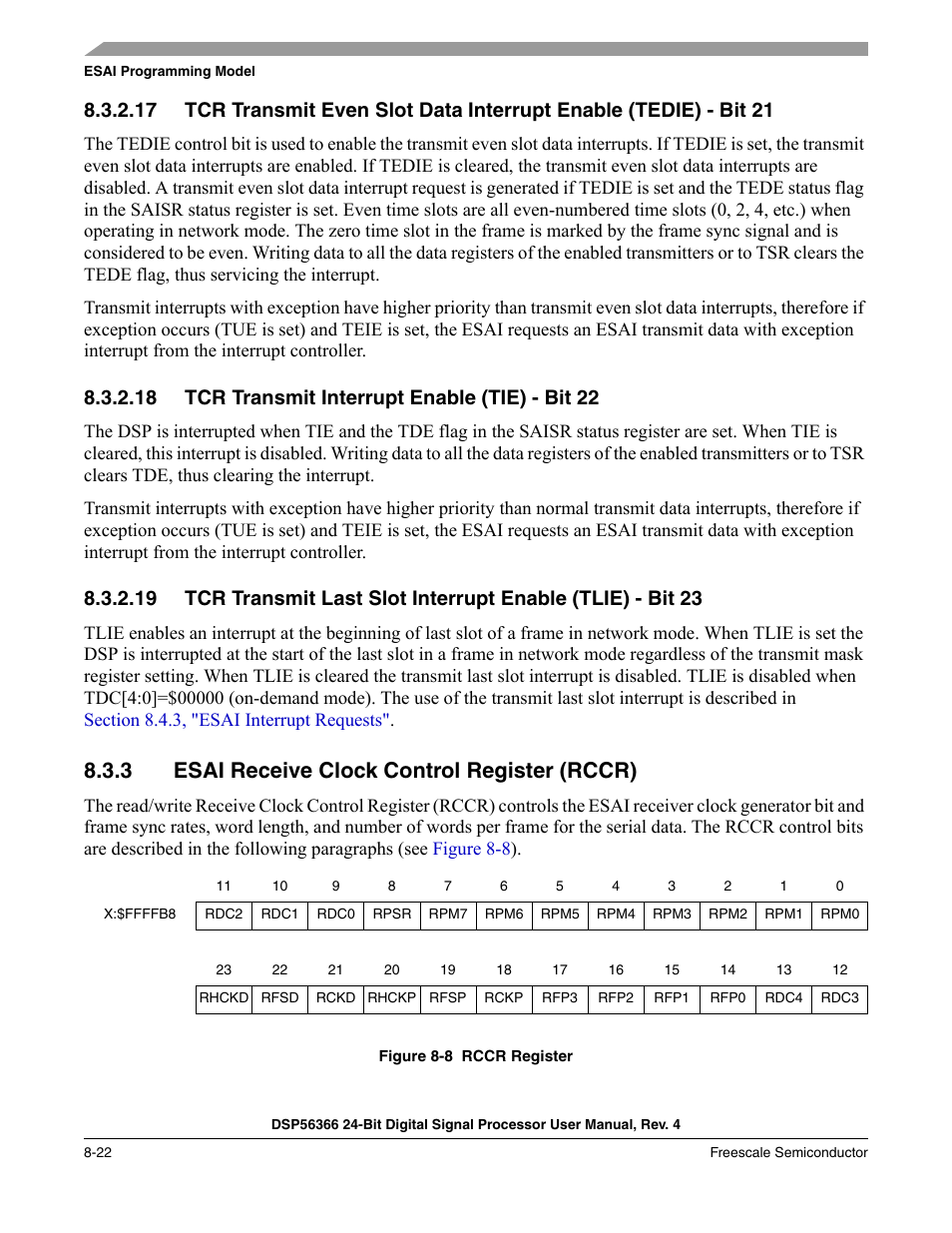 18 tcr transmit interrupt enable (tie) - bit 22, 3 esai receive clock control register (rccr), Tcr transmit interrupt enable (tie) - bit 22 -22 | Esai receive clock control register (rccr) -22, Figure 8-8, Rccr register -22 | Freescale Semiconductor DSP56366 User Manual | Page 172 / 366
