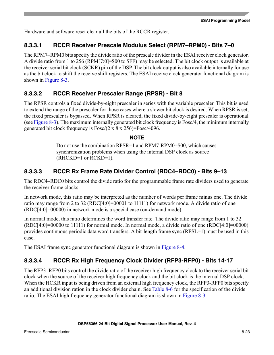 2 rccr receiver prescaler range (rpsr) - bit 8, Rccr receiver prescaler range (rpsr) - bit 8 -23 | Freescale Semiconductor DSP56366 User Manual | Page 173 / 366
