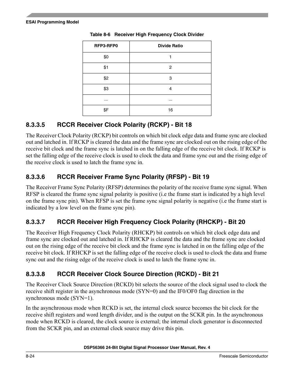 5 rccr receiver clock polarity (rckp) - bit 18, Rccr receiver clock polarity (rckp) - bit 18 -24, Table 8-6 | Receiver high frequency clock divider -24, The clock divider chain. see | Freescale Semiconductor DSP56366 User Manual | Page 174 / 366