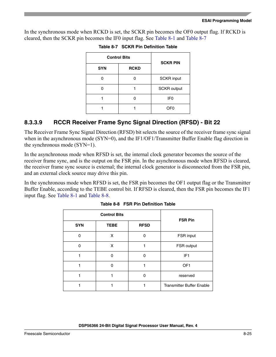 Table 8-7, Sckr pin definition table -25, Table 8-8 | Fsr pin definition table -25, And on | Freescale Semiconductor DSP56366 User Manual | Page 175 / 366