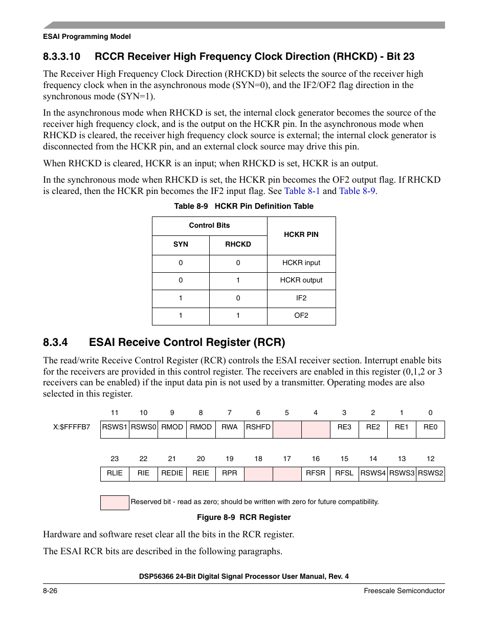 4 esai receive control register (rcr), Esai receive control register (rcr) -26, Figure 8-9 | Rcr register -26, Table 8-9, Hckr pin definition table -26 | Freescale Semiconductor DSP56366 User Manual | Page 176 / 366