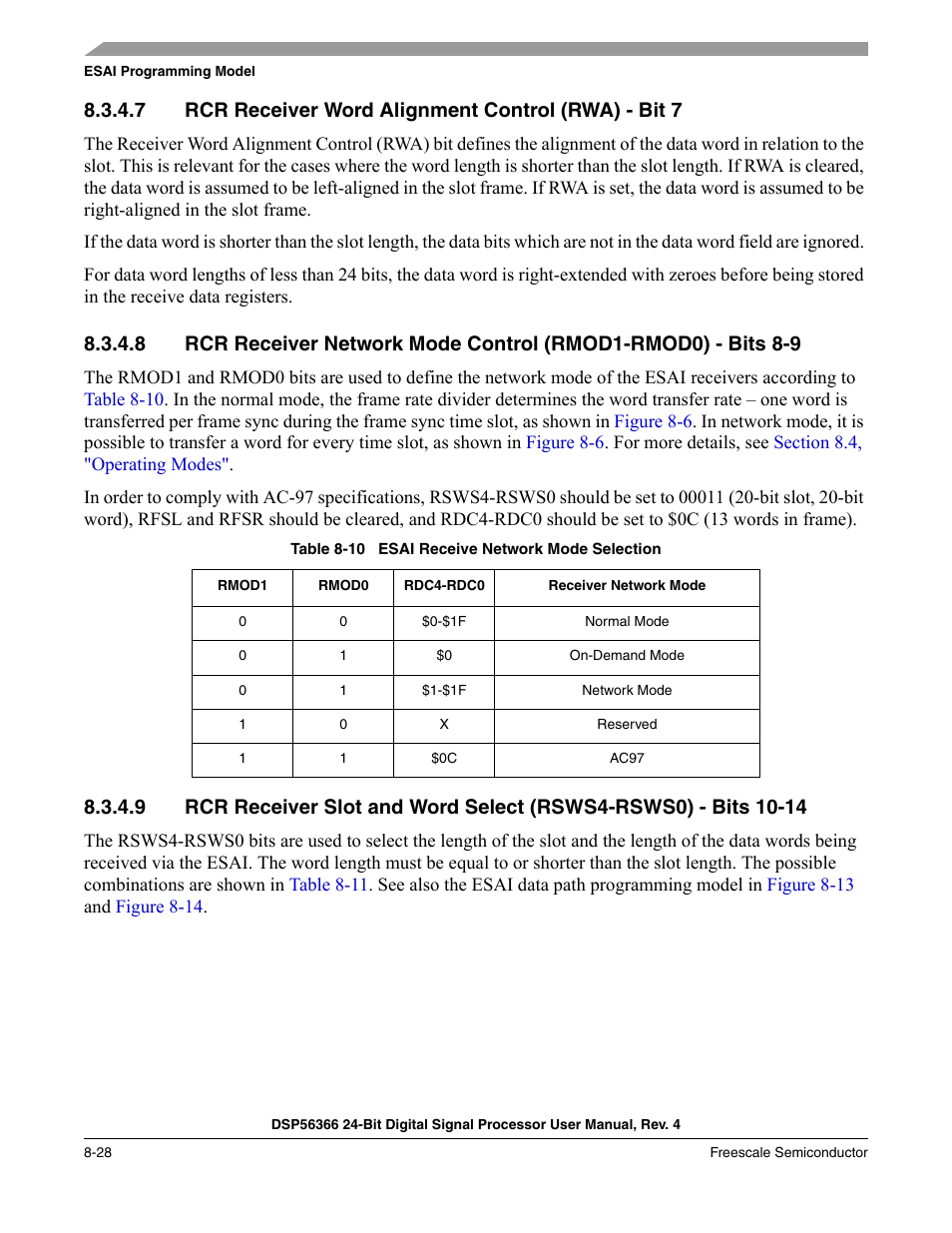 Table 8-10, Esai receive network mode selection -28 | Freescale Semiconductor DSP56366 User Manual | Page 178 / 366