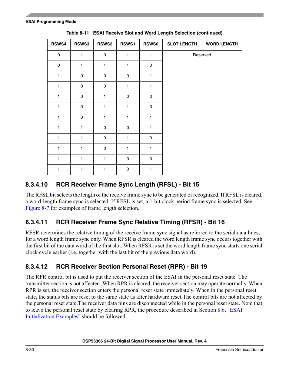10 rcr receiver frame sync length (rfsl) - bit 15, Rcr receiver frame sync length (rfsl) - bit 15 -30 | Freescale Semiconductor DSP56366 User Manual | Page 180 / 366