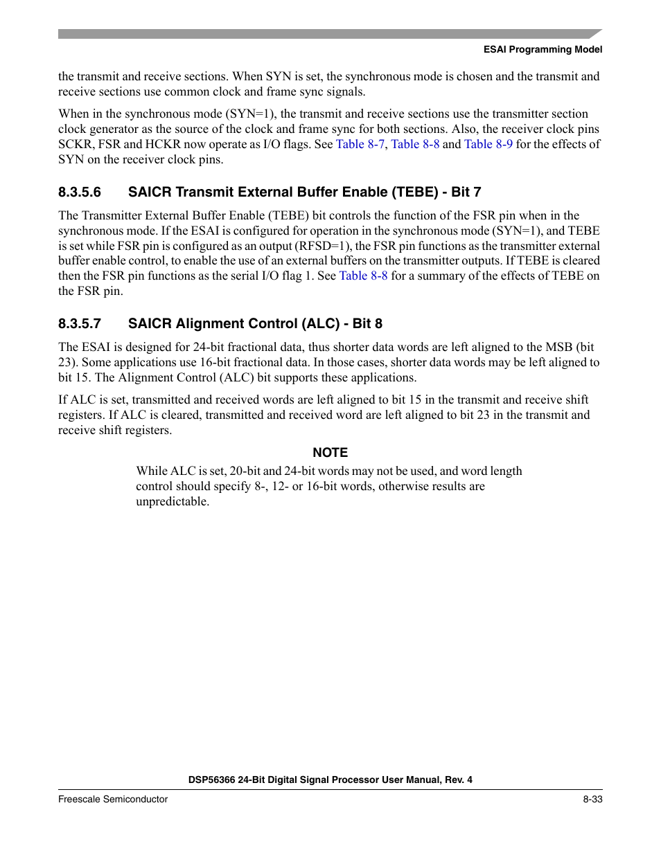 7 saicr alignment control (alc) - bit 8, Saicr alignment control (alc) - bit 8 -33 | Freescale Semiconductor DSP56366 User Manual | Page 183 / 366