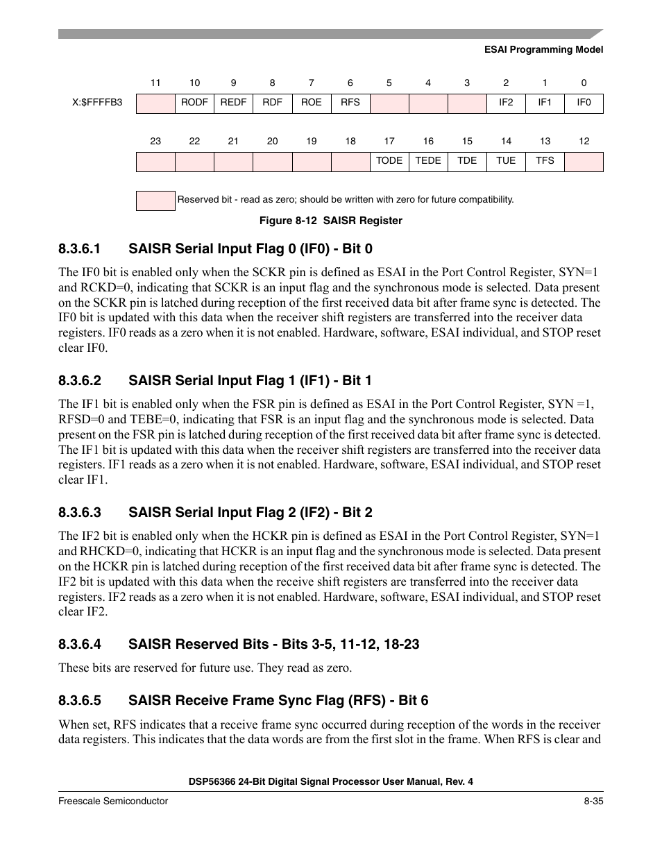 1 saisr serial input flag 0 (if0) - bit 0, 2 saisr serial input flag 1 (if1) - bit 1, 3 saisr serial input flag 2 (if2) - bit 2 | 4 saisr reserved bits - bits 3-5, 11-12, 18-23, 5 saisr receive frame sync flag (rfs) - bit 6, Saisr serial input flag 0 (if0) - bit 0 -35, Saisr serial input flag 1 (if1) - bit 1 -35, Saisr serial input flag 2 (if2) - bit 2 -35, Saisr reserved bits - bits 3-5, 11-12, 18-23 -35, Saisr receive frame sync flag (rfs) - bit 6 -35 | Freescale Semiconductor DSP56366 User Manual | Page 185 / 366