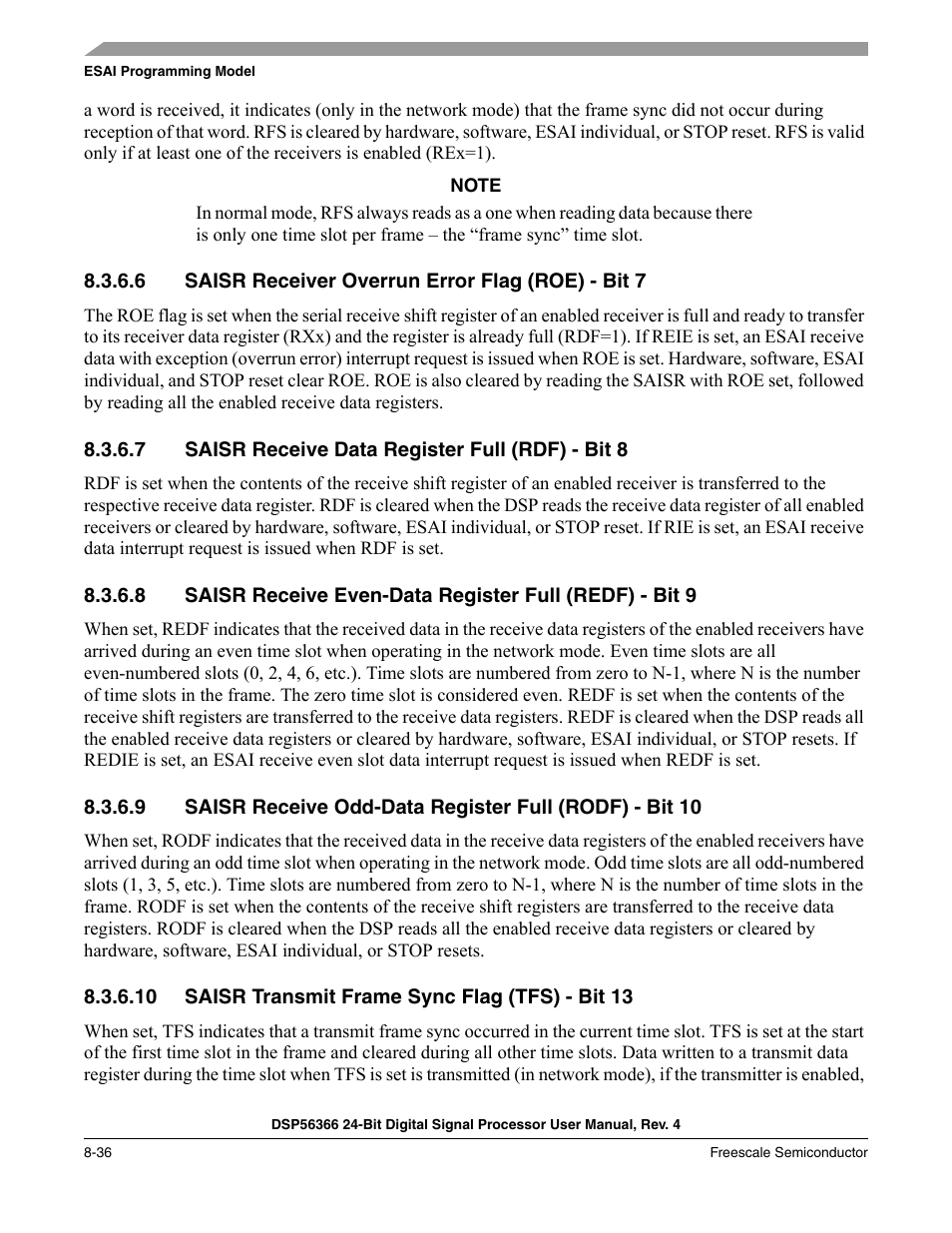 6 saisr receiver overrun error flag (roe) - bit 7, 7 saisr receive data register full (rdf) - bit 8, 10 saisr transmit frame sync flag (tfs) - bit 13 | Saisr receive data register full (rdf) - bit 8 -36, Saisr transmit frame sync flag (tfs) - bit 13 -36 | Freescale Semiconductor DSP56366 User Manual | Page 186 / 366