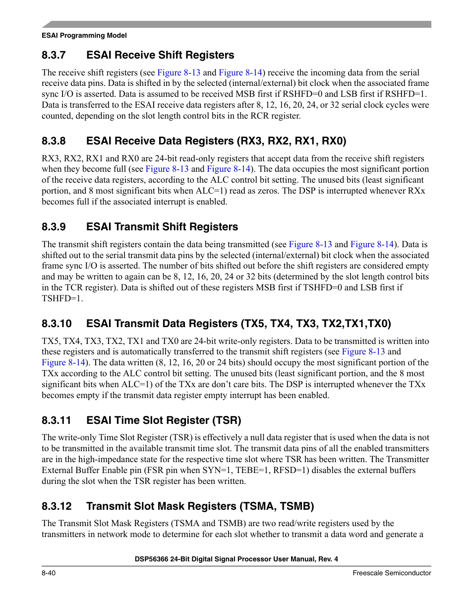 7 esai receive shift registers, 8 esai receive data registers (rx3, rx2, rx1, rx0), 9 esai transmit shift registers | 11 esai time slot register (tsr), 12 transmit slot mask registers (tsma, tsmb), Esai receive shift registers -40, Esai transmit shift registers -40, Esai time slot register (tsr) -40, Transmit slot mask registers (tsma, tsmb) -40 | Freescale Semiconductor DSP56366 User Manual | Page 190 / 366