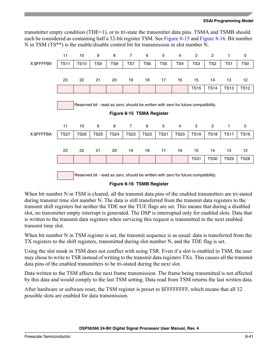 Figure 8-15, Tsma register -41, Figure 8-16 | Tsmb register -41 | Freescale Semiconductor DSP56366 User Manual | Page 191 / 366