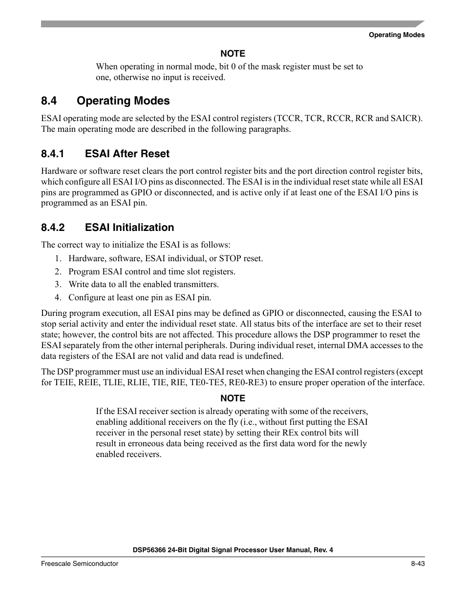 4 operating modes, 1 esai after reset, 2 esai initialization | Operating modes -43, Esai after reset -43, Esai initialization -43, Section 8.4, Operating modes | Freescale Semiconductor DSP56366 User Manual | Page 193 / 366