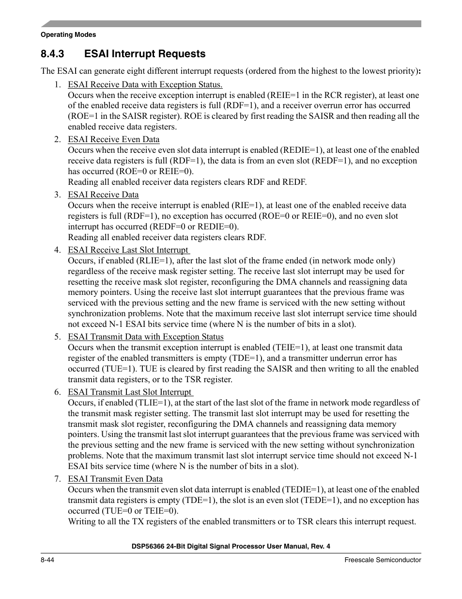 3 esai interrupt requests, Esai interrupt requests -44, Section 8.4.3, "esai interrupt requests | Freescale Semiconductor DSP56366 User Manual | Page 194 / 366