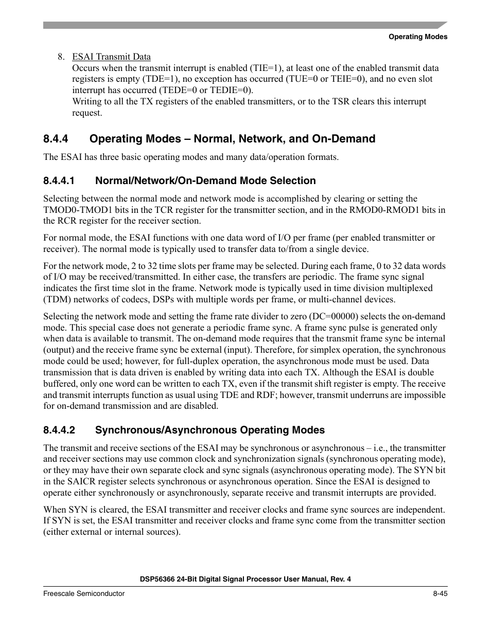 4 operating modes - normal, network, and on-demand, 1 normal/network/on-demand mode selection, 2 synchronous/asynchronous operating modes | Normal/network/on-demand mode selection -45, Synchronous/asynchronous operating modes -45 | Freescale Semiconductor DSP56366 User Manual | Page 195 / 366