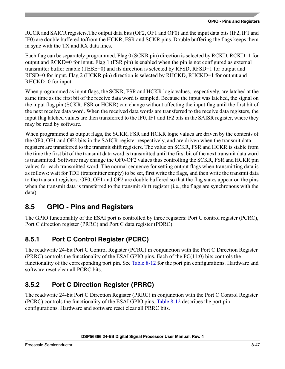5 gpio - pins and registers, 1 port c control register (pcrc), 2 port c direction register (prrc) | Gpio - pins and registers -47, Port c control register (pcrc) -47, Port c direction register (prrc) -47, Gpio pins (port c), described in, Section 8.5, "gpio - pins and, Registers | Freescale Semiconductor DSP56366 User Manual | Page 197 / 366