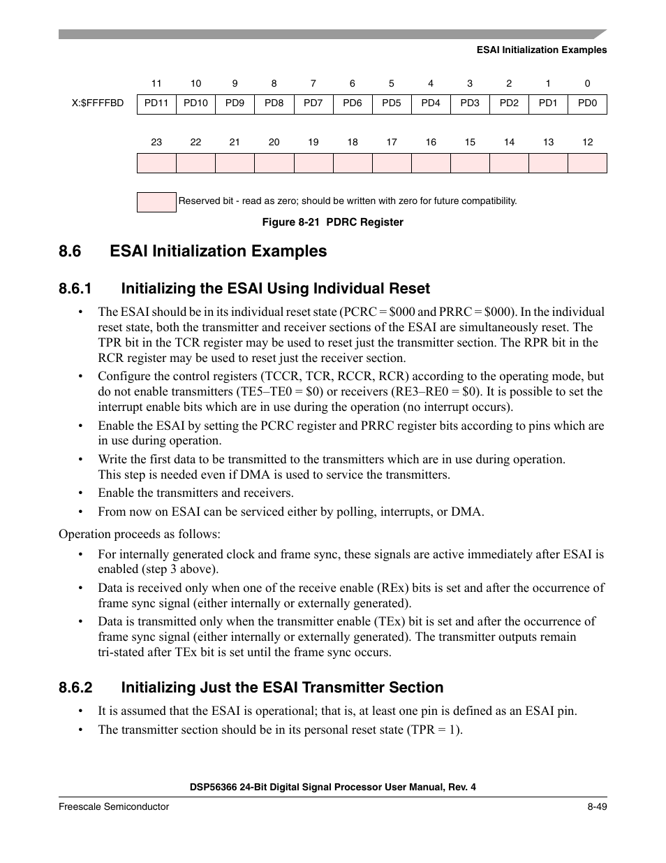 6 esai initialization examples, 1 initializing the esai using individual reset, 2 initializing just the esai transmitter section | Esai initialization examples -49, Initializing the esai using individual reset -49, Initializing just the esai transmitter section -49, Figure 8-21, Pdrc register -49, Section 8.6, Esai initialization examples | Freescale Semiconductor DSP56366 User Manual | Page 199 / 366