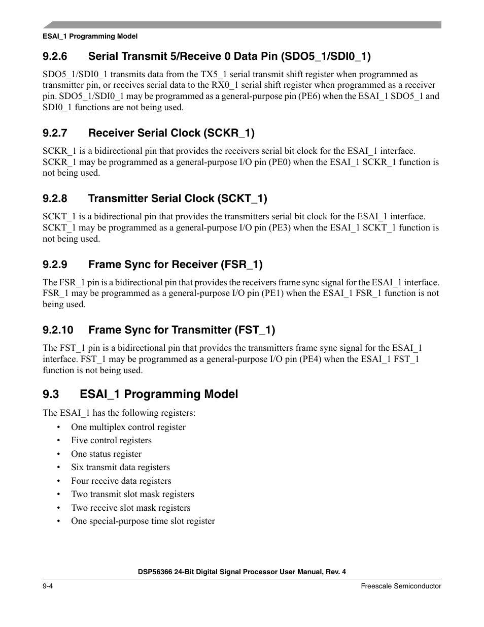 7 receiver serial clock (sckr_1), 8 transmitter serial clock (sckt_1), 9 frame sync for receiver (fsr_1) | 10 frame sync for transmitter (fst_1), 3 esai_1 programming model, Receiver serial clock (sckr_1) -4, Transmitter serial clock (sckt_1) -4, Frame sync for receiver (fsr_1) -4, Frame sync for transmitter (fst_1) -4, Esai_1 programming model -4 | Freescale Semiconductor DSP56366 User Manual | Page 204 / 366