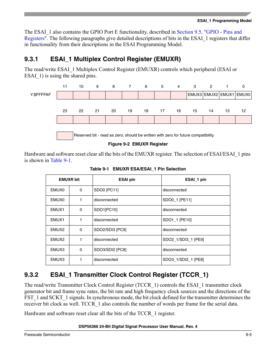 1 esai_1 multiplex control register (emuxr), Esai_1 multiplex control register (emuxr) -5, Figure 9-2 | Emuxr register -5, Table 9-1, Emuxr esa/esai_1 pin selection -5 | Freescale Semiconductor DSP56366 User Manual | Page 205 / 366