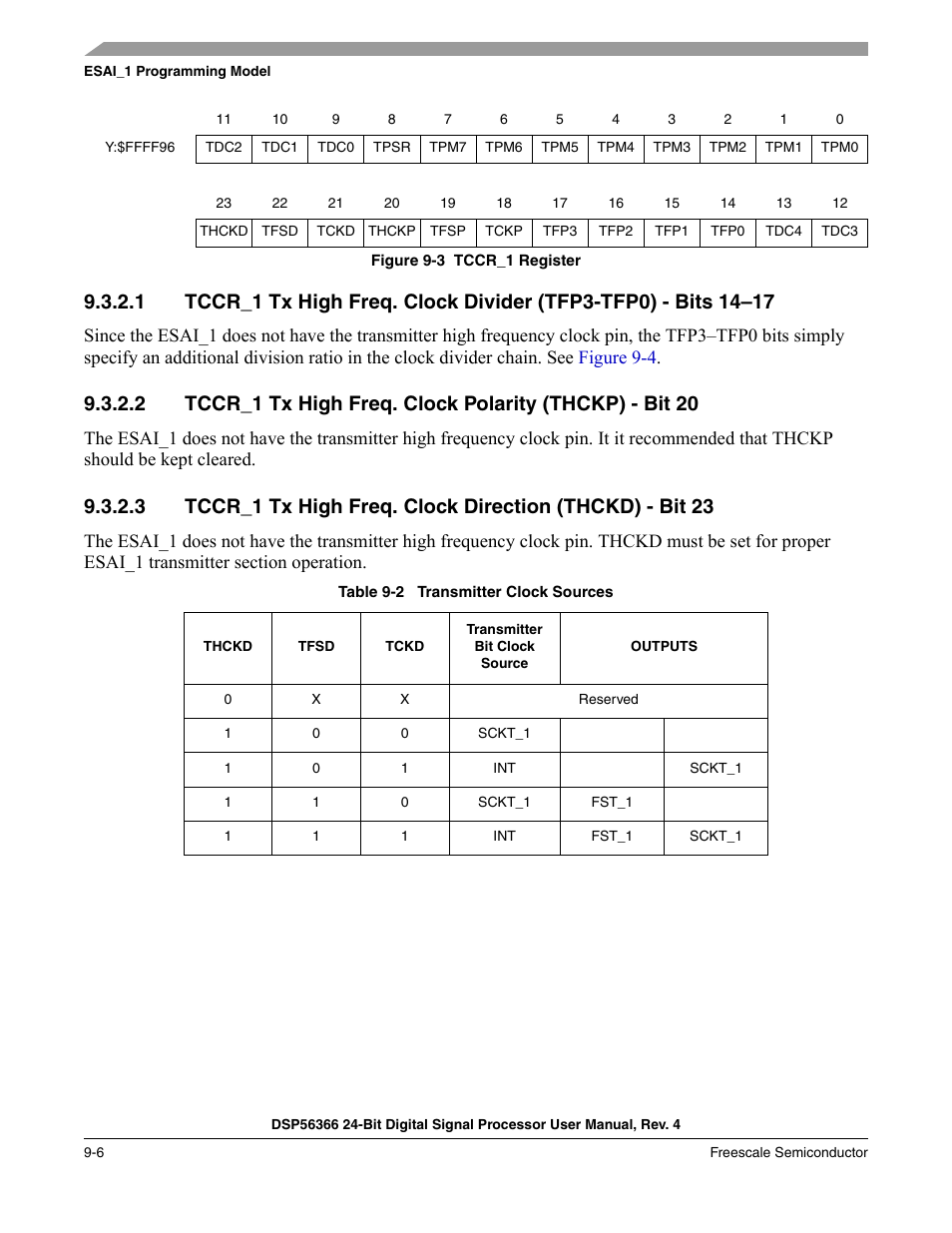 Figure 9-3, Tccr_1 register -6, Table 9-2 | Transmitter clock sources -6 | Freescale Semiconductor DSP56366 User Manual | Page 206 / 366