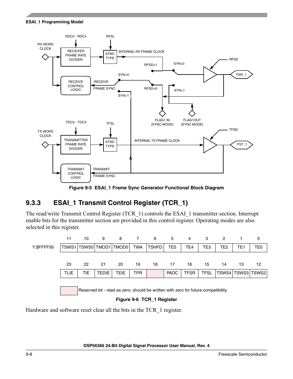 3 esai_1 transmit control register (tcr_1), Esai_1 transmit control register (tcr_1) -8, Figure 9-5 | Figure 9-6, Tcr_1 register -8 | Freescale Semiconductor DSP56366 User Manual | Page 208 / 366