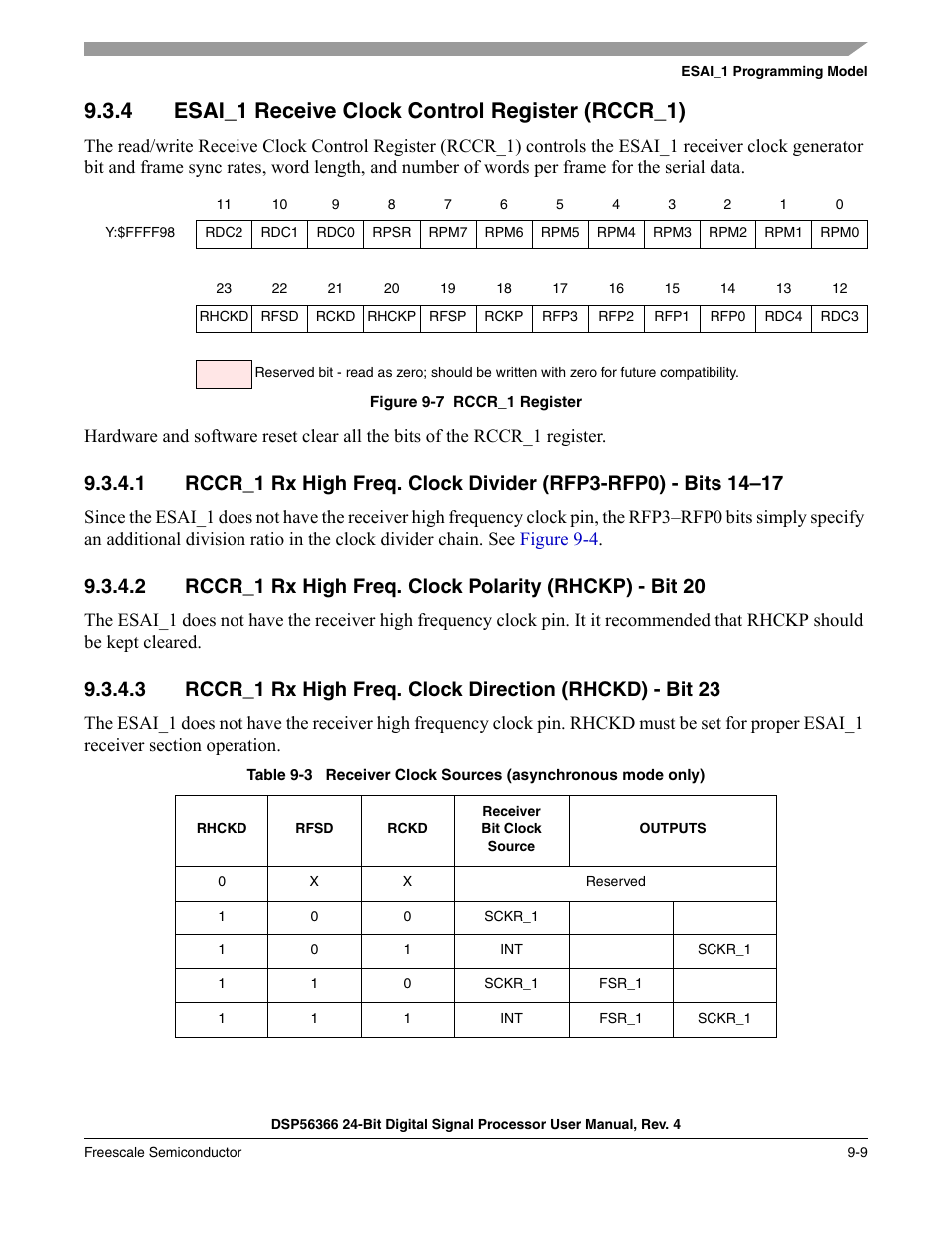 4 esai_1 receive clock control register (rccr_1), Esai_1 receive clock control register (rccr_1) -9, Figure 9-7 | Rccr_1 register -9, Table 9-3, Receiver clock sources (asynchronous mode only) -9 | Freescale Semiconductor DSP56366 User Manual | Page 209 / 366
