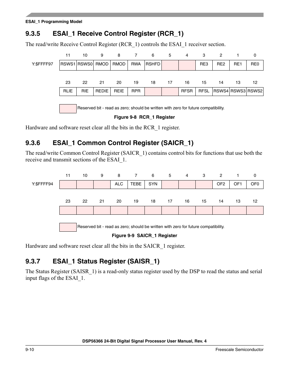 5 esai_1 receive control register (rcr_1), 6 esai_1 common control register (saicr_1), 7 esai_1 status register (saisr_1) | Esai_1 receive control register (rcr_1) -10, Esai_1 common control register (saicr_1) -10, Esai_1 status register (saisr_1) -10, Figure 9-8, Rcr_1 register -10, Figure 9-9, Saicr_1 register -10 | Freescale Semiconductor DSP56366 User Manual | Page 210 / 366