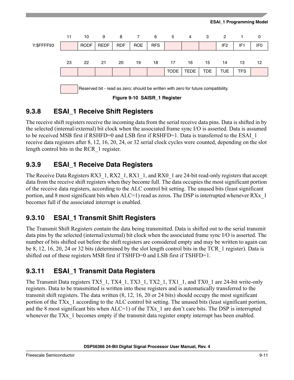 8 esai_1 receive shift registers, 9 esai_1 receive data registers, 10 esai_1 transmit shift registers | 11 esai_1 transmit data registers, Esai_1 receive shift registers -11, Esai_1 receive data registers -11, Esai_1 transmit shift registers -11, Esai_1 transmit data registers -11, Figure 9-10, Saisr_1 register -11 | Freescale Semiconductor DSP56366 User Manual | Page 211 / 366