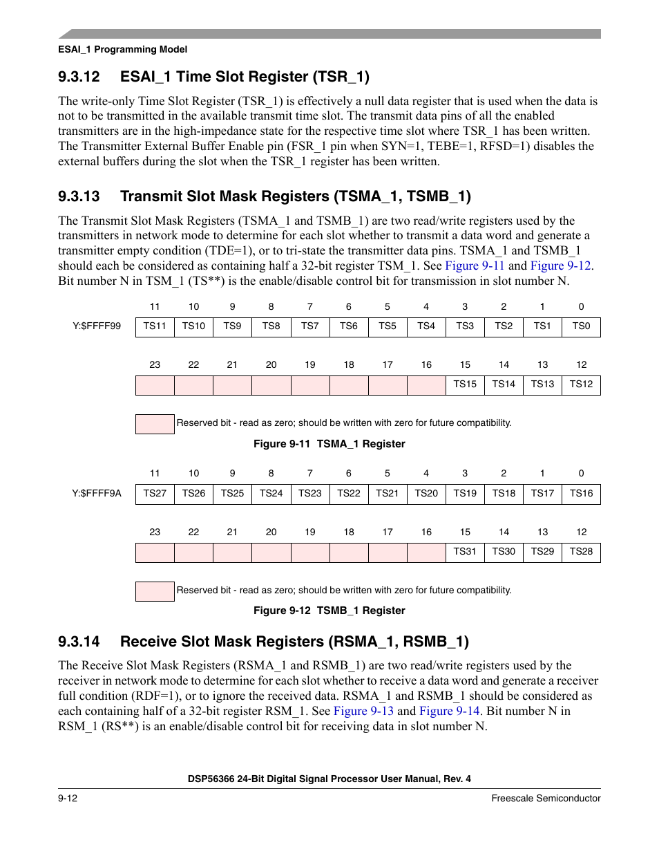 12 esai_1 time slot register (tsr_1), 13 transmit slot mask registers (tsma_1, tsmb_1), 14 receive slot mask registers (rsma_1, rsmb_1) | Esai_1 time slot register (tsr_1) -12, Transmit slot mask registers (tsma_1, tsmb_1) -12, Receive slot mask registers (rsma_1, rsmb_1) -12, Figure 9-11, Tsma_1 register -12, Figure 9-12, Tsmb_1 register -12 | Freescale Semiconductor DSP56366 User Manual | Page 212 / 366