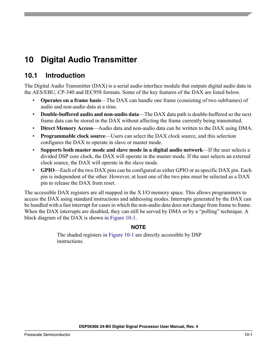10 digital audio transmitter, 1 introduction, Digital audio transmitter -1 | Introduction -1, Section 10, "digital audio transmitter | Freescale Semiconductor DSP56366 User Manual | Page 217 / 366