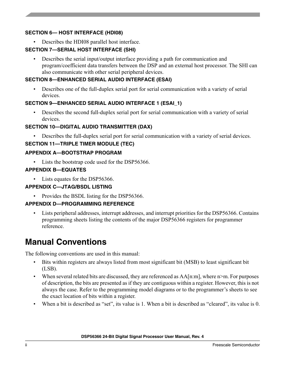 Manual conventions | Freescale Semiconductor DSP56366 User Manual | Page 22 / 366