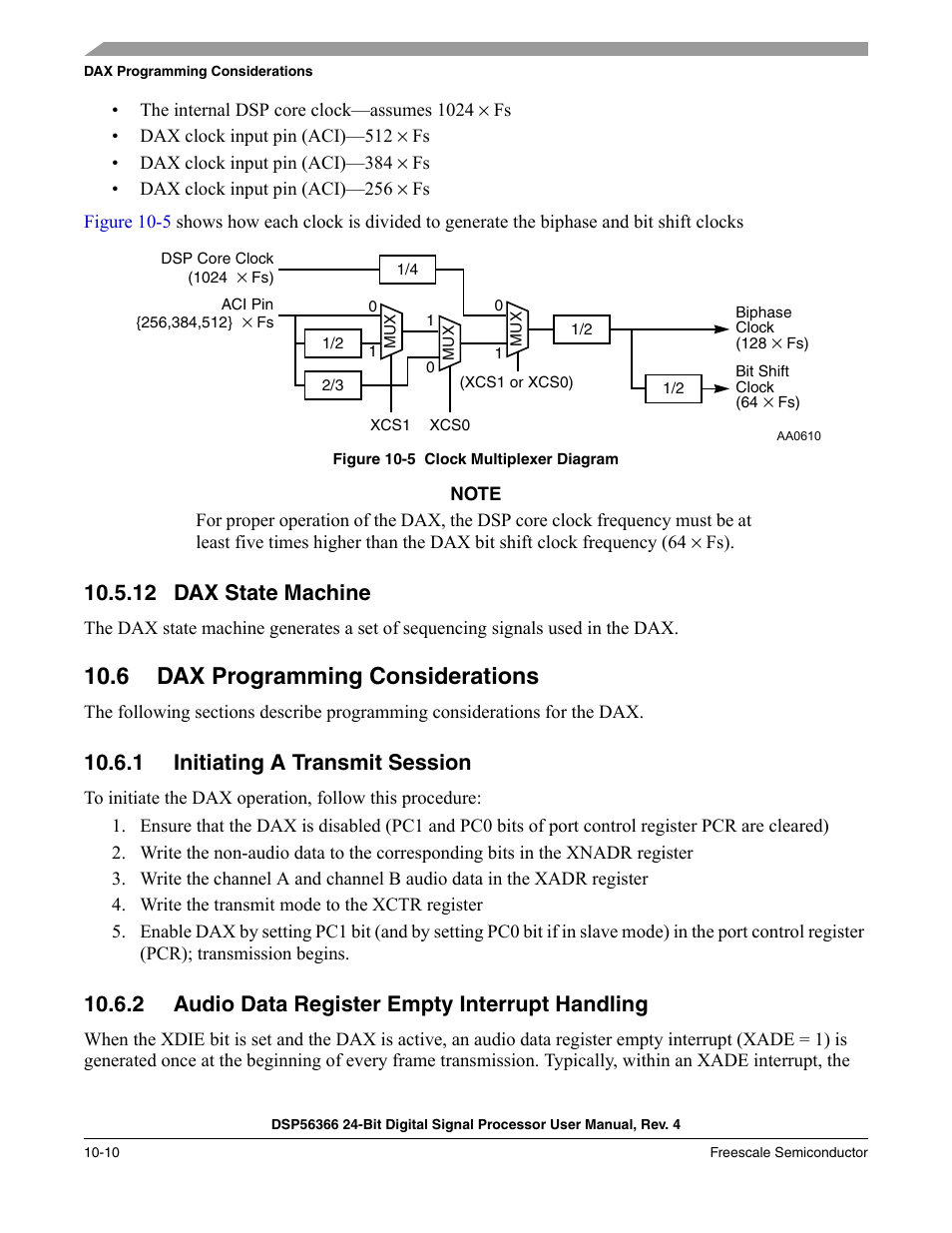 12 dax state machine, 6 dax programming considerations, 1 initiating a transmit session | 2 audio data register empty interrupt handling, Dax state machine -10, Dax programming considerations -10, Initiating a transmit session -10, Audio data register empty interrupt handling -10, Figure 10-5, Clock multiplexer diagram -10 | Freescale Semiconductor DSP56366 User Manual | Page 226 / 366